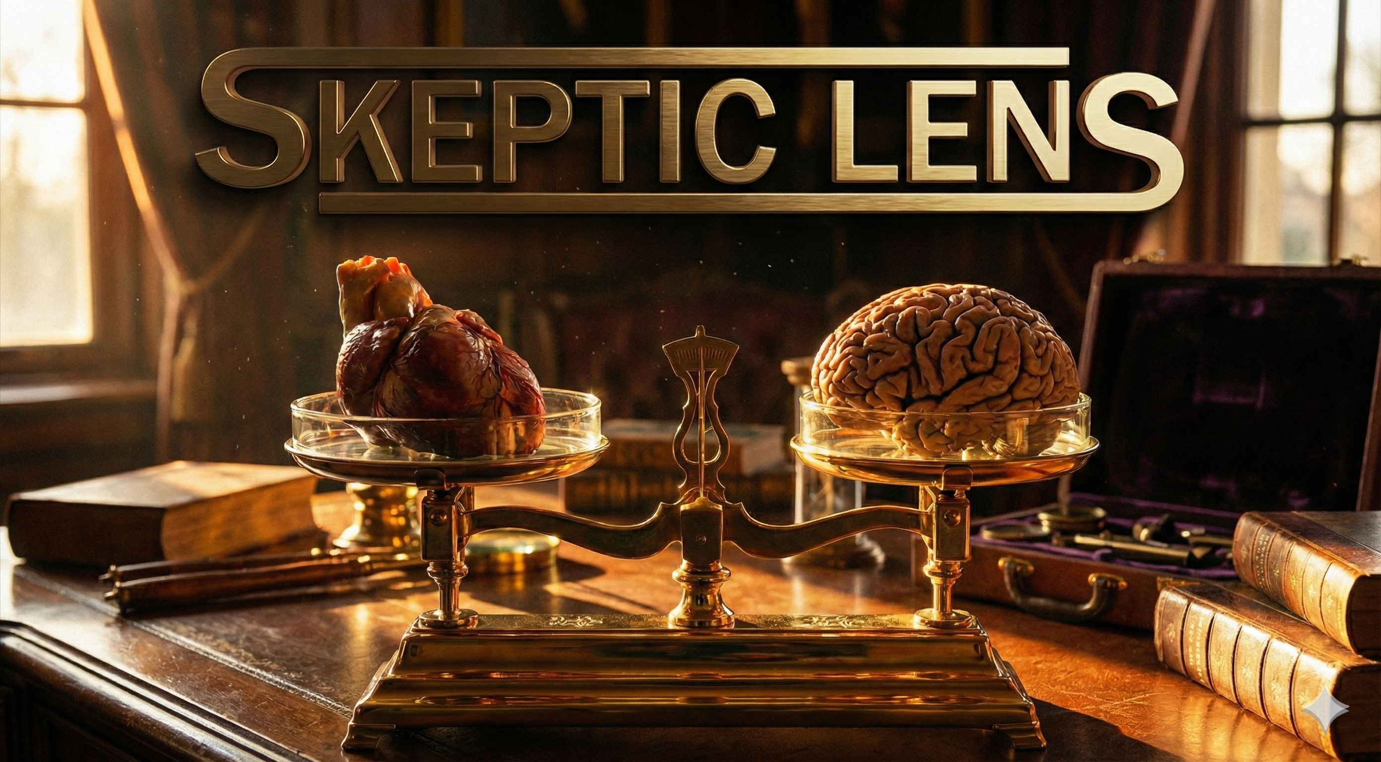 Skeptic Lens artwork with heart and brain balanced on a scale